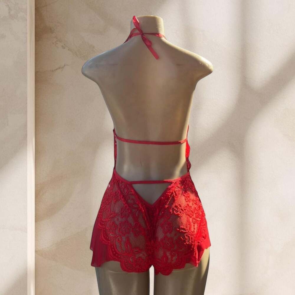 Red Lace Bodysuit Lingerie – Halter Deep V Sheer Ruffle Detail Sexy ✧ L - Picture 3 of 4